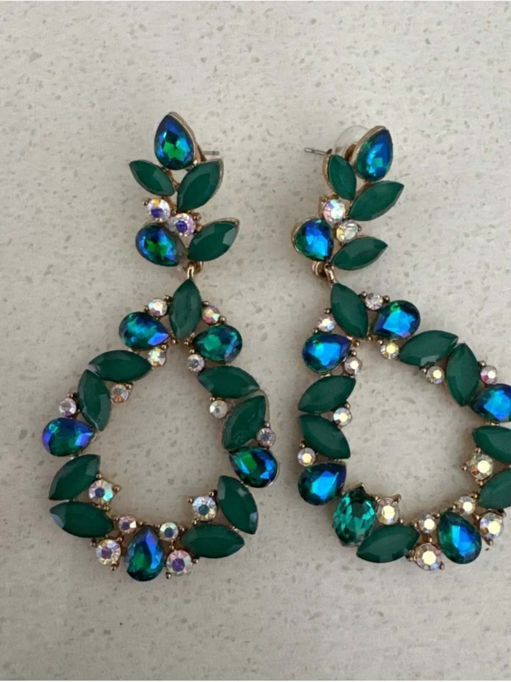Emerald & Teal Crystal Teardrop Dangle Earrings